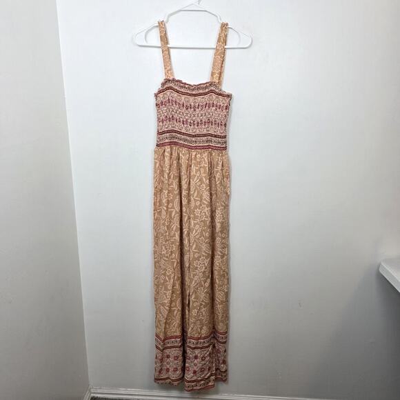 Kindred Anthropologie Tan Cream Floral Boho Floral Wide Crop Leg Jumpsuit Sz M - Picture 2 of 7